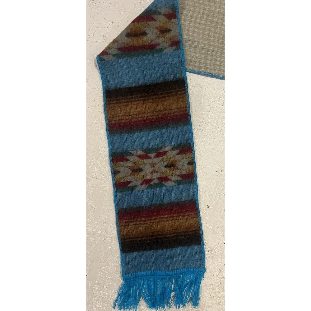 Vintage‎ Wool Aztec Scarf Blue Brown Warm Winter Comfort Native Print Fringe